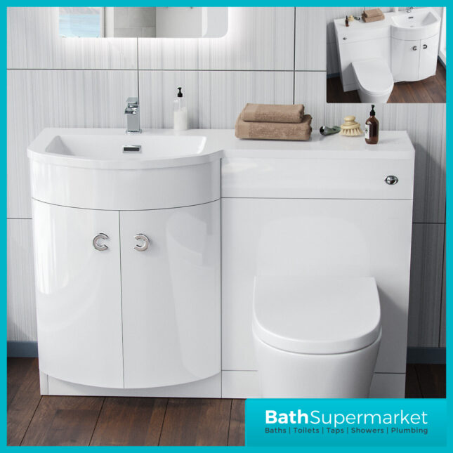 Curved D Shape White Gloss Bathroom Vanity Basin Unit 1100mm - Right & Left Handed