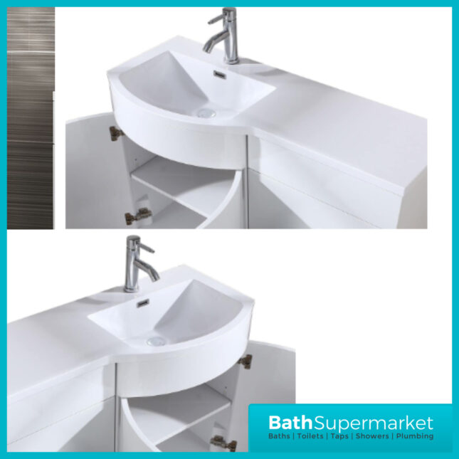 Curved D Shape White Gloss Bathroom Vanity Basin Unit 1100mm - Right & Left Handed