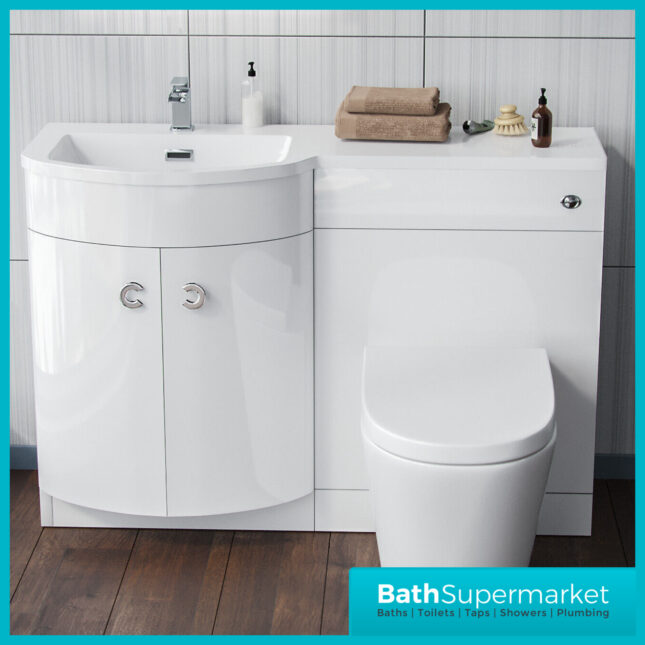 Curved D Shape White Gloss Bathroom Vanity Basin Unit 1100mm - Right & Left Handed
