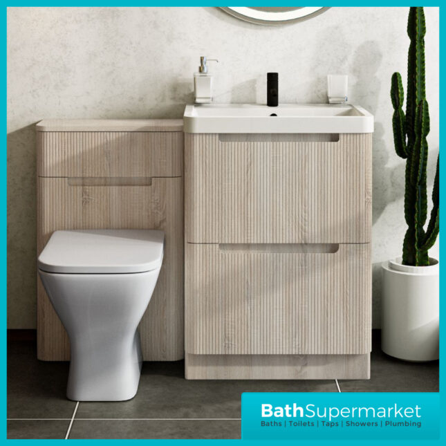 Fluted Sonoma Oak Floor Standing Bathroom Handless Vanity Basin Drawer Unit