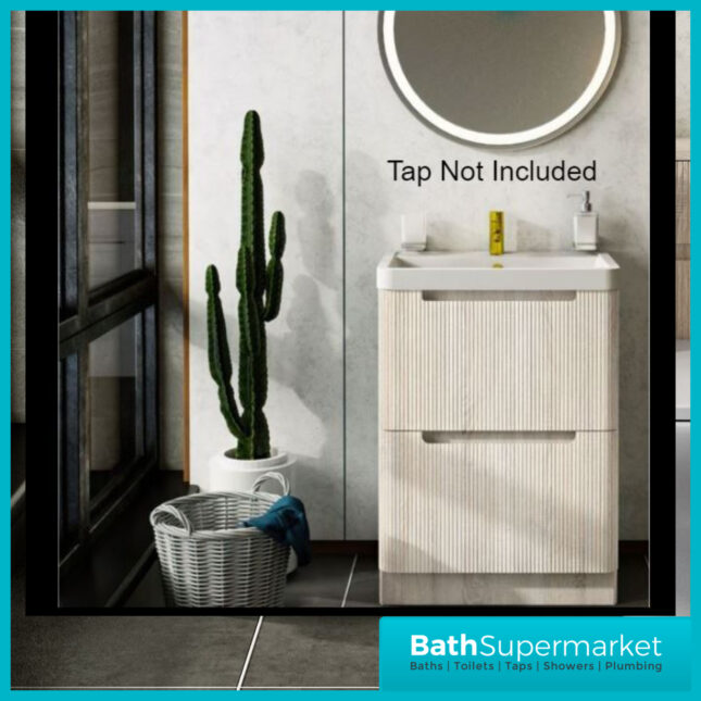 Fluted Sonoma Oak Floor Standing Handless Bathroom Vanity Basin Unit 600mm