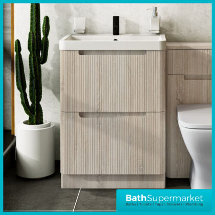 Fluted Sonoma Oak Floor Standing Handless Bathroom Vanity Basin Unit 600mm