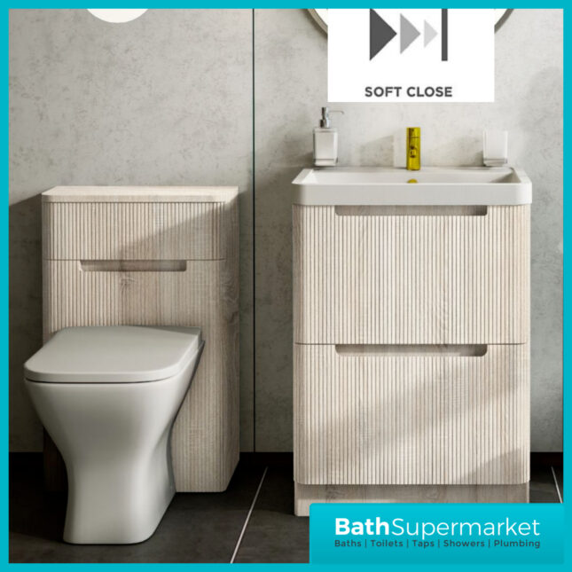 Fluted Sonoma Oak Floor Standing Bathroom Vanity Basin Cabinet & WC Unit Suite