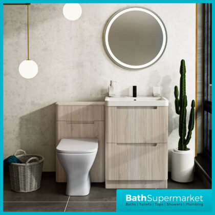 Fluted Sonoma Oak Floor Standing Bathroom Vanity Basin Cabinet & WC Unit Suite