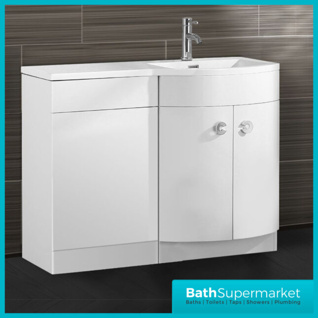 Curved D Shape White Gloss Bathroom Vanity Basin Unit 1100mm - Right & Left Handed