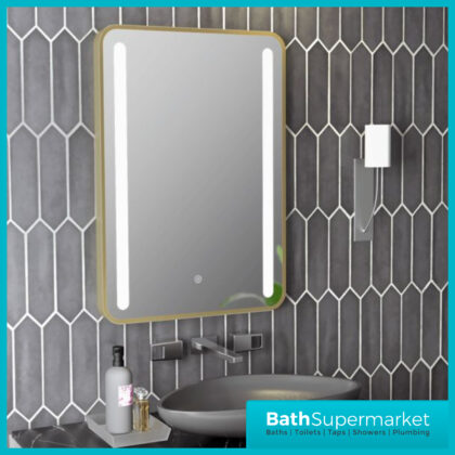 AquaVolere Avant Brushed Brass Rounded Touch Sensor Front-Lit LED Demister Mirror – 500x700mm