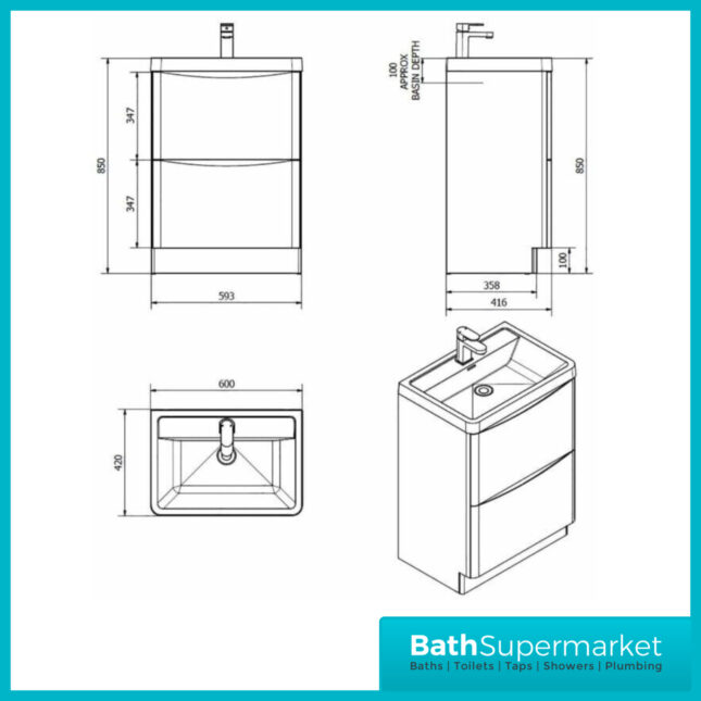 Fluted Sonoma Oak Floor Standing Handless Bathroom Vanity Basin Unit 600mm