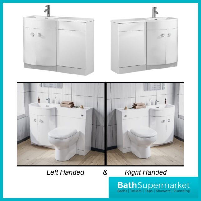 Curved D Shape White Gloss Bathroom Vanity Basin Unit 1100mm - Right & Left Handed