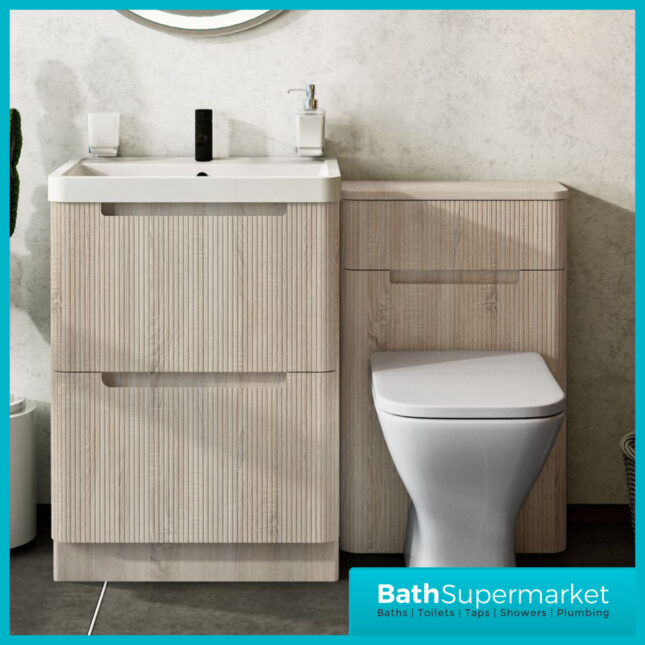 Fluted Sonoma Oak Floor Standing Bathroom Handless Vanity Basin Drawer Unit