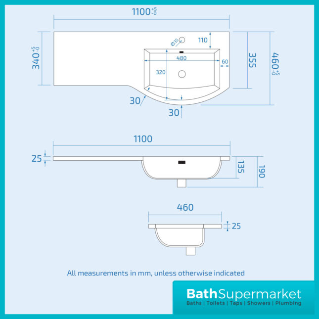 Curved D Shape White Gloss Bathroom Vanity Basin Unit 1100mm - Right & Left Handed
