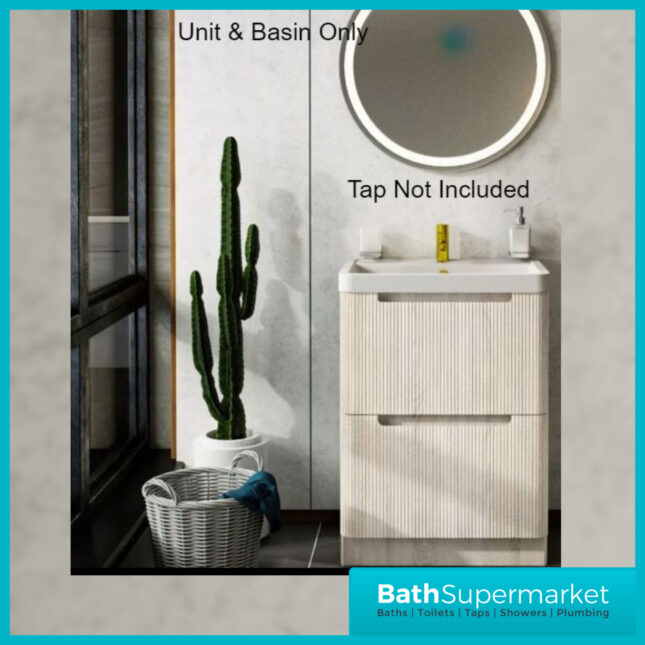 Fluted Sonoma Oak Floor Standing Handless Bathroom Vanity Basin Unit 600mm