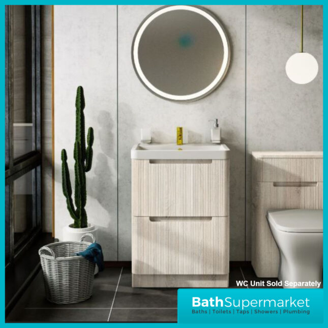 Fluted Sonoma Oak Floor Standing Handless Bathroom Vanity Basin Unit 600mm