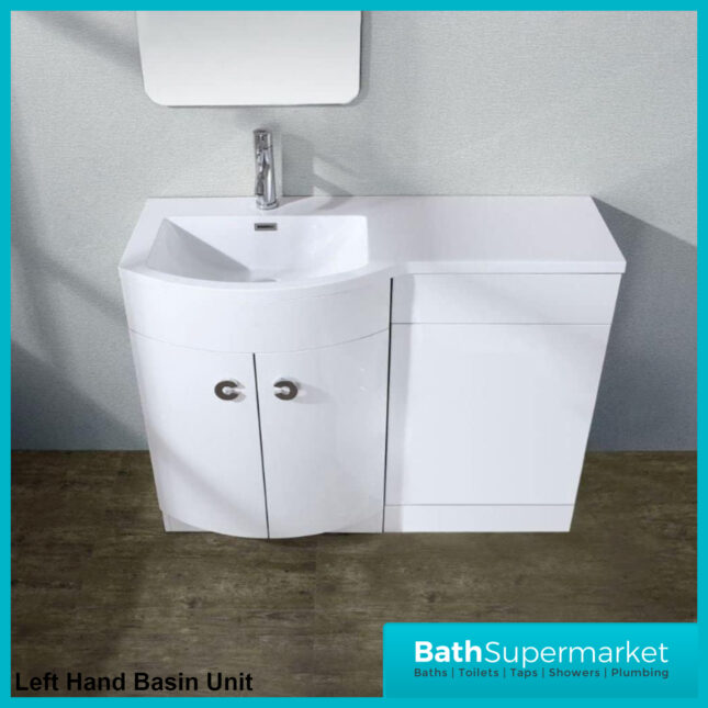 Curved D Shape White Gloss Bathroom Vanity Basin Unit 1100mm - Right & Left Handed