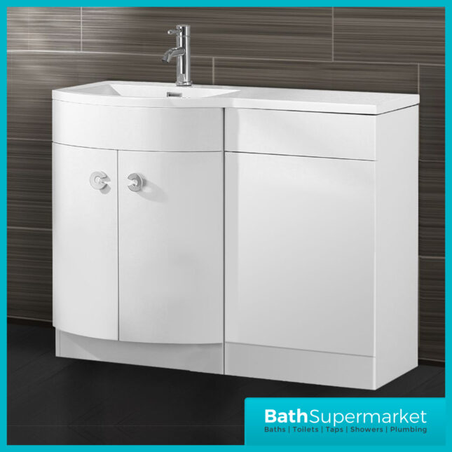 Curved D Shape White Gloss Bathroom Vanity Basin Unit 1100mm - Right & Left Handed