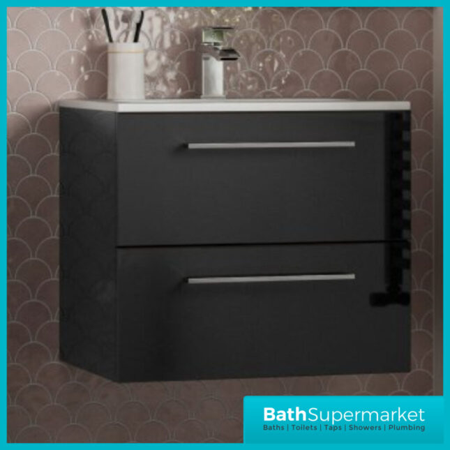 AquaVolere Viola Anthracite Gloss Wall Hung 2 Drawer Vanity Unit 610mm & Basin