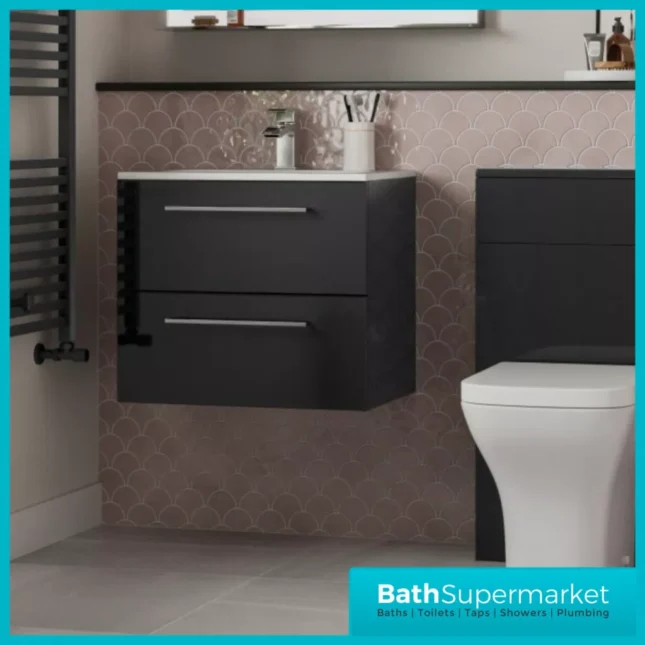 AquaVolere Viola Anthracite Gloss Wall Hung 2 Drawer Vanity Unit 610mm & Basin
