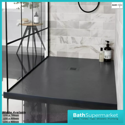 Kartell K-Vit Naturals Graphite Stone Effect Rectangle Shower Trays With Waste - 1200mm