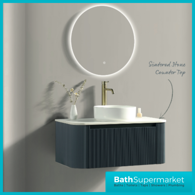 Tailored Fluted Midnight Shadow Wall Hung Curved Vanity Unit & Stone Counter Top 870mm
