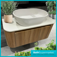 Tailored Fluted Wood Oak Wall Hung Curved Vanity Unit & Stone Counter Top 870mm
