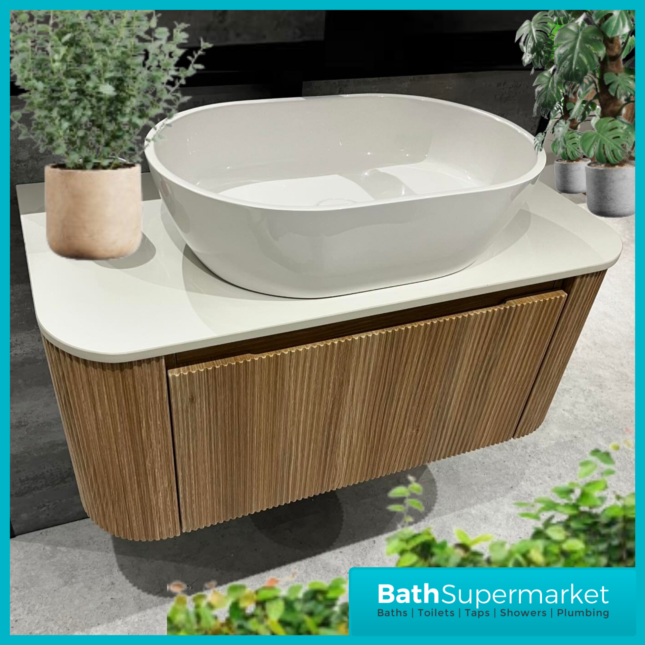 Tailored Fluted Wood Oak Wall Hung Curved Vanity Unit & Stone Counter Top 870mm