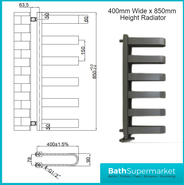 Sunshine Designer U Shaped Anthracite Radiator 400mm Width x 850mm & 1300mm Height