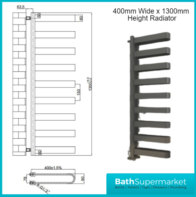 Sunshine Designer U Shaped Anthracite Radiator 400mm Width x 850mm & 1300mm Height