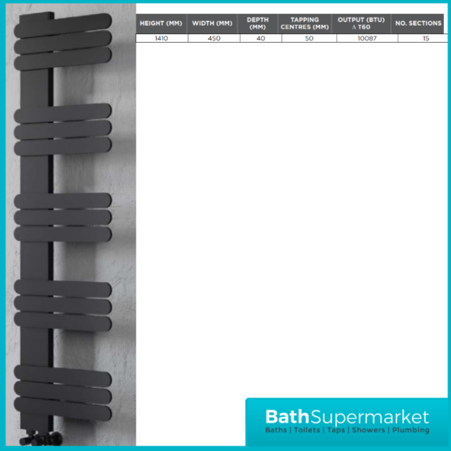 Kartell K-Rad Manitoba Textured Black Towel Rail Radiator 450mm Width x 1410mm Height