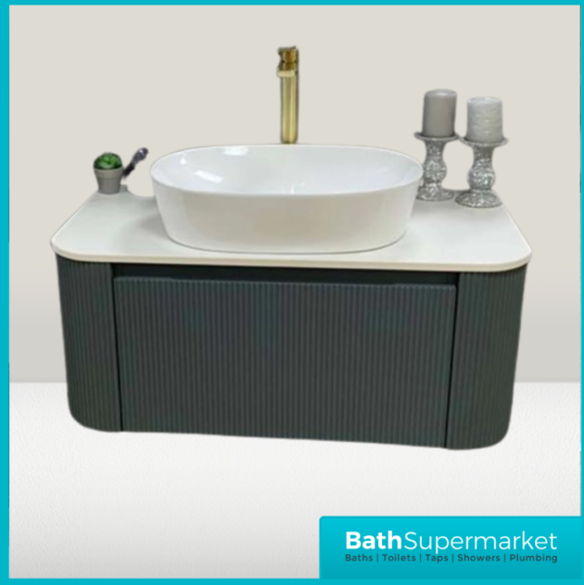 Tailored Fluted Sage Green Wall Hung Curved Vanity Unit & Stone Counter Top 870mm