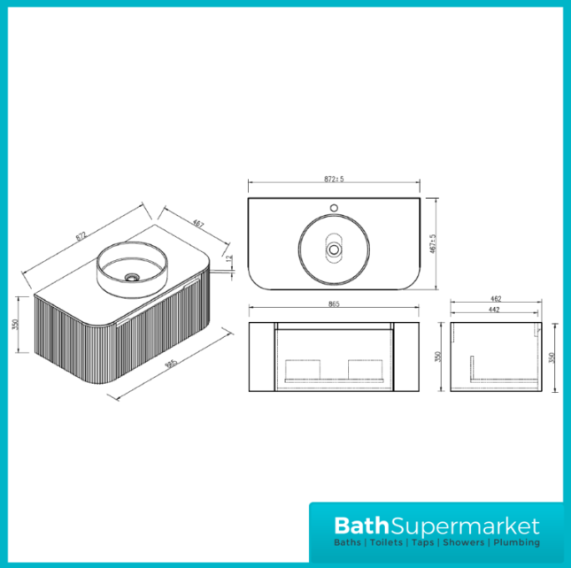 Tailored Fluted Midnight Shadow Wall Hung Curved Vanity Unit & Stone Counter Top 870mm