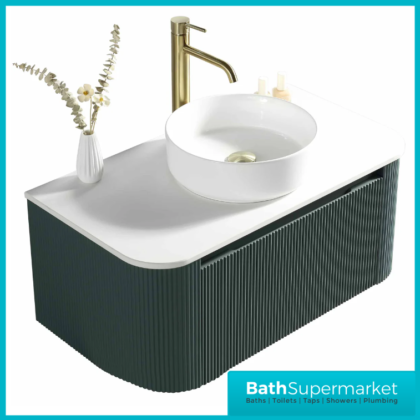 Tailored Fluted Sage Green Wall Hung Curved Vanity Unit & Stone Counter Top 870mm