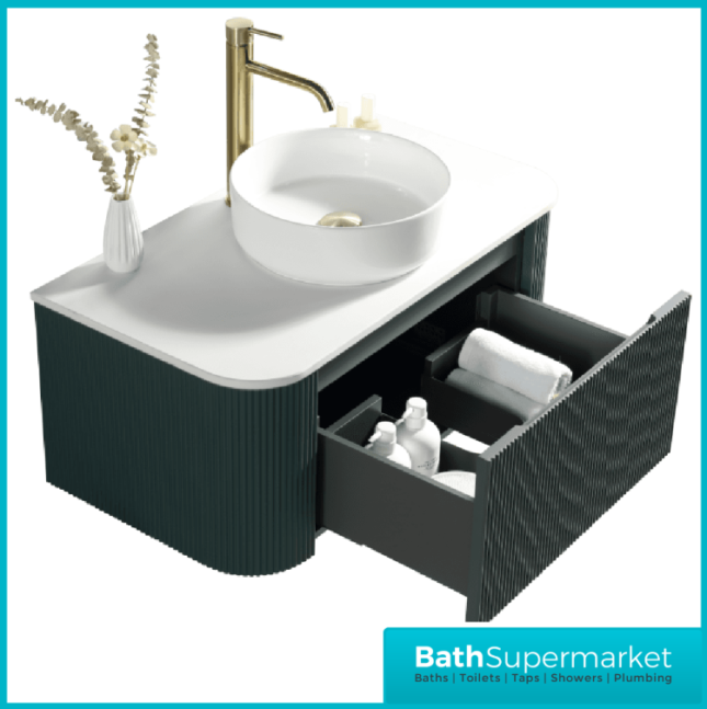 Tailored Fluted Sage Green Wall Hung Curved Vanity Unit & Stone Counter Top 870mm