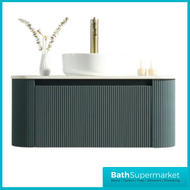 Tailored Fluted Sage Green Wall Hung Curved Vanity Unit & Stone Counter Top 870mm