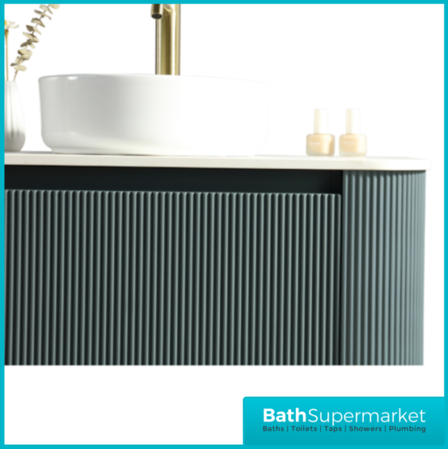 Tailored Fluted Sage Green Wall Hung Curved Vanity Unit & Stone Counter Top 870mm