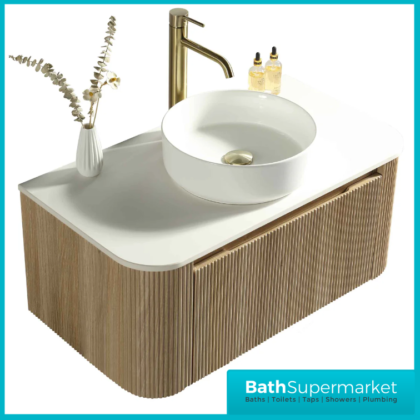 Tailored Fluted Wood Oak Wall Hung Curved Vanity Unit & Stone Counter Top 870mm