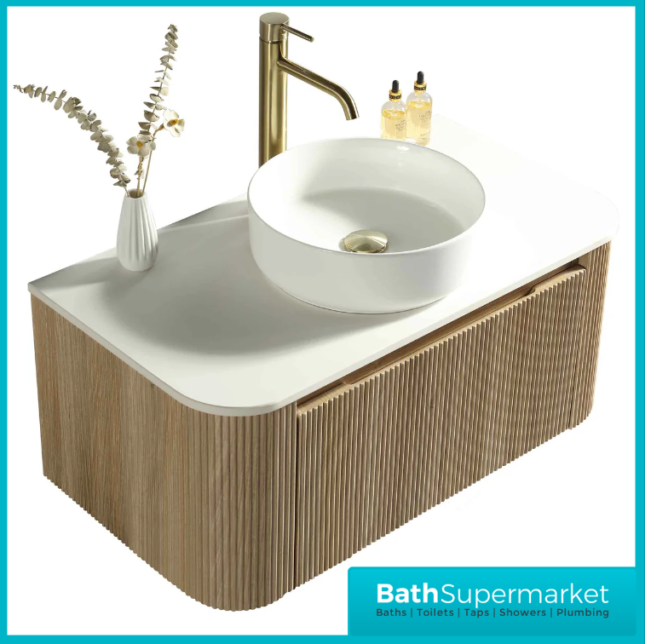 Tailored Fluted Wood Oak Wall Hung Curved Vanity Unit & Stone Counter Top 870mm
