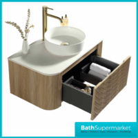 Tailored Fluted Wood Oak Wall Hung Curved Vanity Unit & Stone Counter Top 870mm