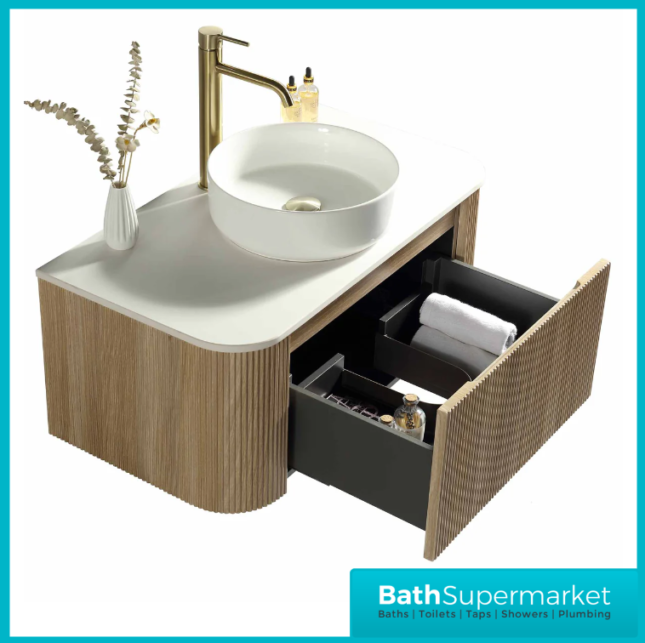 Tailored Fluted Wood Oak Wall Hung Curved Vanity Unit & Stone Counter Top 870mm