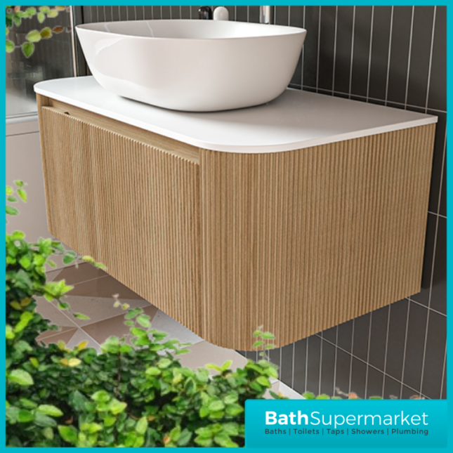 Tailored Fluted Wood Oak Wall Hung Curved Vanity Unit & Stone Counter Top 870mm