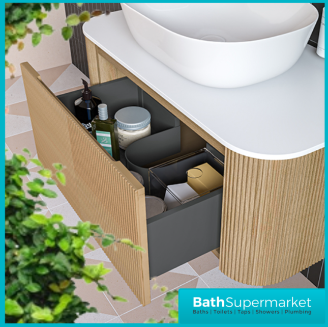 Tailored Fluted Wood Oak Wall Hung Curved Vanity Unit & Stone Counter Top 870mm