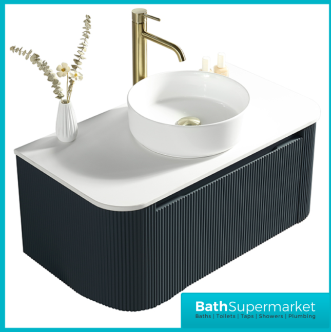 Tailored Fluted Midnight Shadow Wall Hung Curved Vanity Unit & Stone Counter Top 870mm