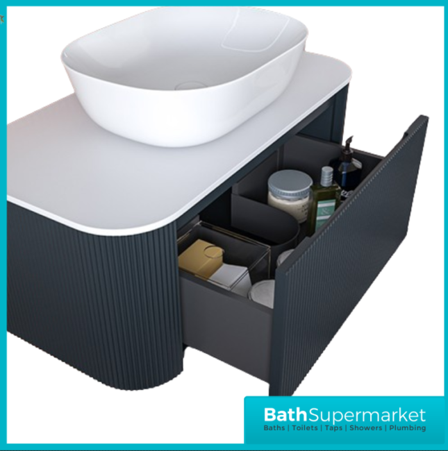 Tailored Fluted Midnight Shadow Wall Hung Curved Vanity Unit & Stone Counter Top 870mm
