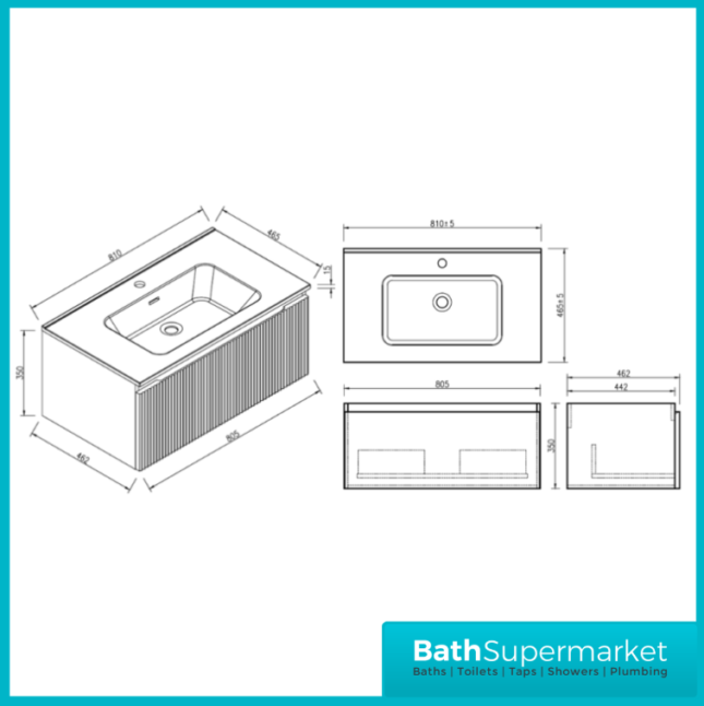 Tailored Fluted Midnight Shadow Wall Hung Drawer Vanity Unit & Matt Basin 810mm