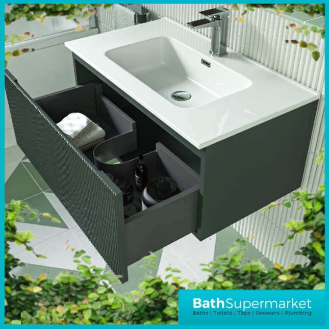 Tailored Fluted Sage Green Wall Hung Drawer Vanity Unit & Matt Basin 810mm