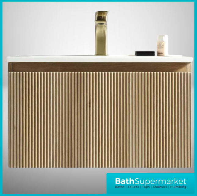 Tailored Fluted Oak Wood Wall Hung Vanity Drawer Unit & White Matt Basin 810mm