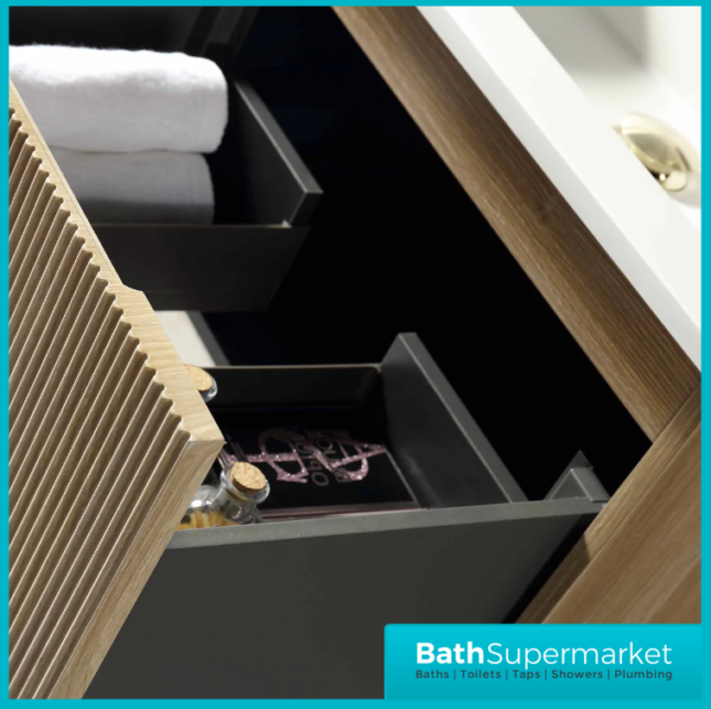 Tailored Fluted Oak Wood Wall Hung Vanity Drawer Unit & White Matt Basin 810mm
