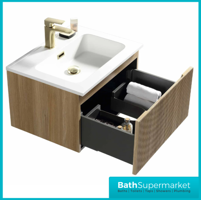 Tailored Fluted Oak Wood Wall Hung Vanity Drawer Unit & White Matt Basin 810mm