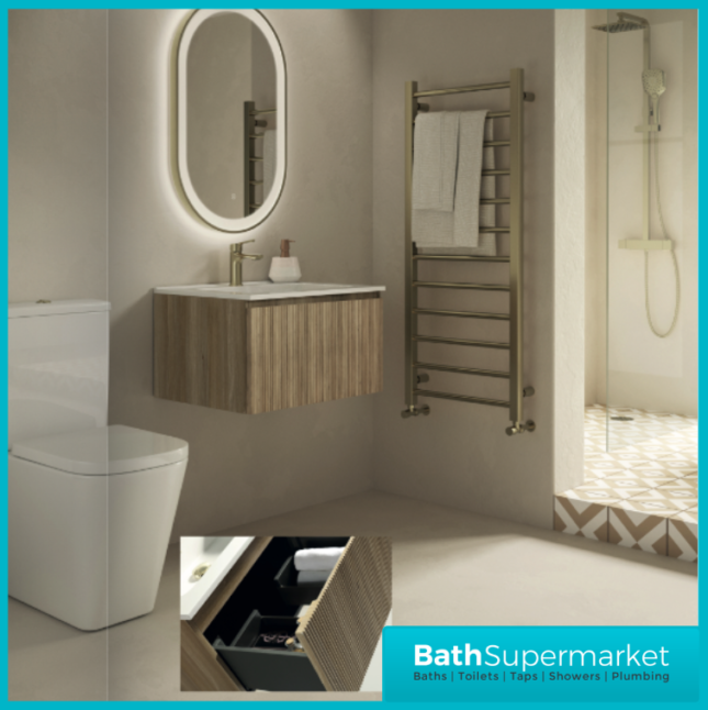 Tailored Fluted Oak Wood Wall Hung Vanity Drawer Unit & White Matt Basin 810mm