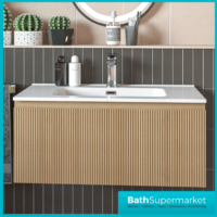 Tailored Fluted Oak Wood Wall Hung Vanity Drawer Unit & White Matt Basin 810mm - Image 9