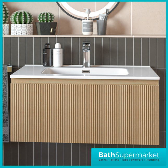 Tailored Fluted Oak Wood Wall Hung Vanity Drawer Unit & White Matt Basin 810mm - Image 9