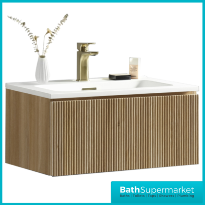Tailored Fluted Oak Wood Wall Hung Vanity Drawer Unit & White Matt Basin 810mm